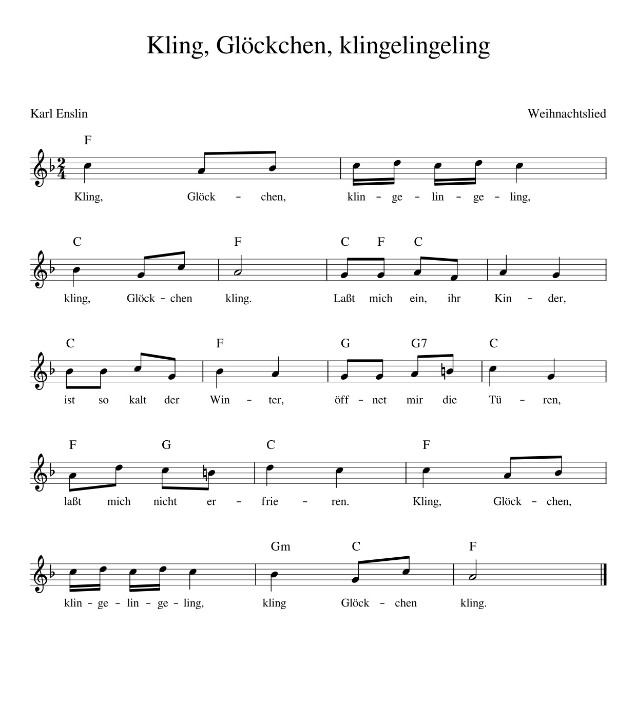 Kling Glöckchen Klingelingeling - Kinderlieder - Noten verwandt mit Text Kling Glöckchen Klingelingeling