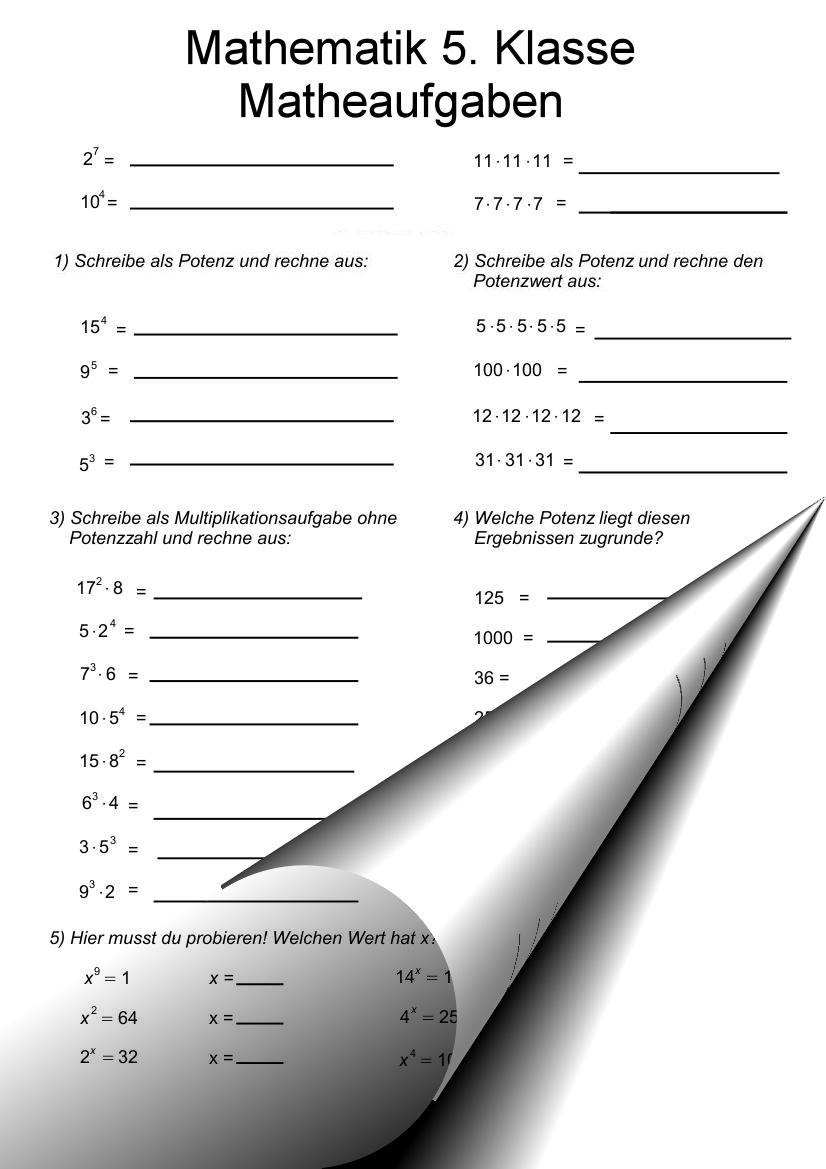 Kostenlose Mathe Arbeitsblätter verwandt mit Mathematik 5 Klasse Gymnasium Übungen