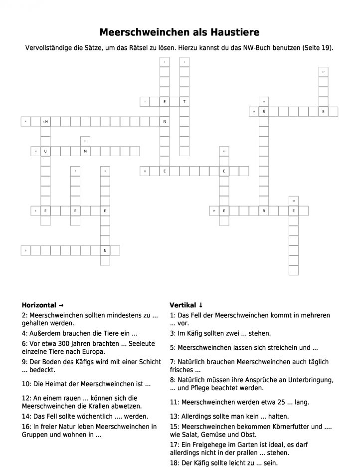 Kreuzworträtsel &quot;meerschweinchen Als Haustiere&quot; Als Pdf bei Haustier Kreuzworträtsel