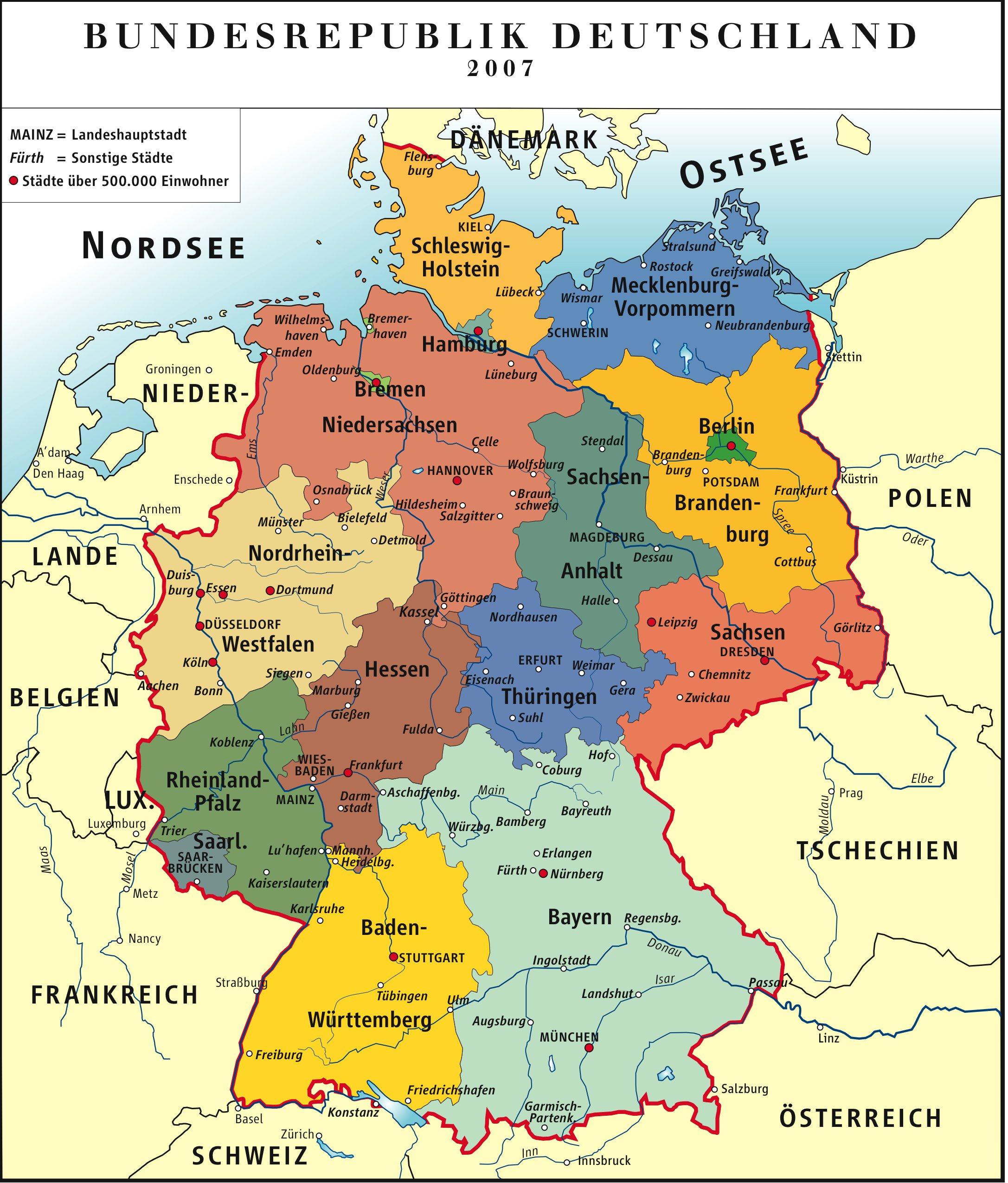 Landkarte Deutschland (Politische Karte/bunt) : Weltkarte verwandt mit Karte Von Deutschland Mit Bundesländern