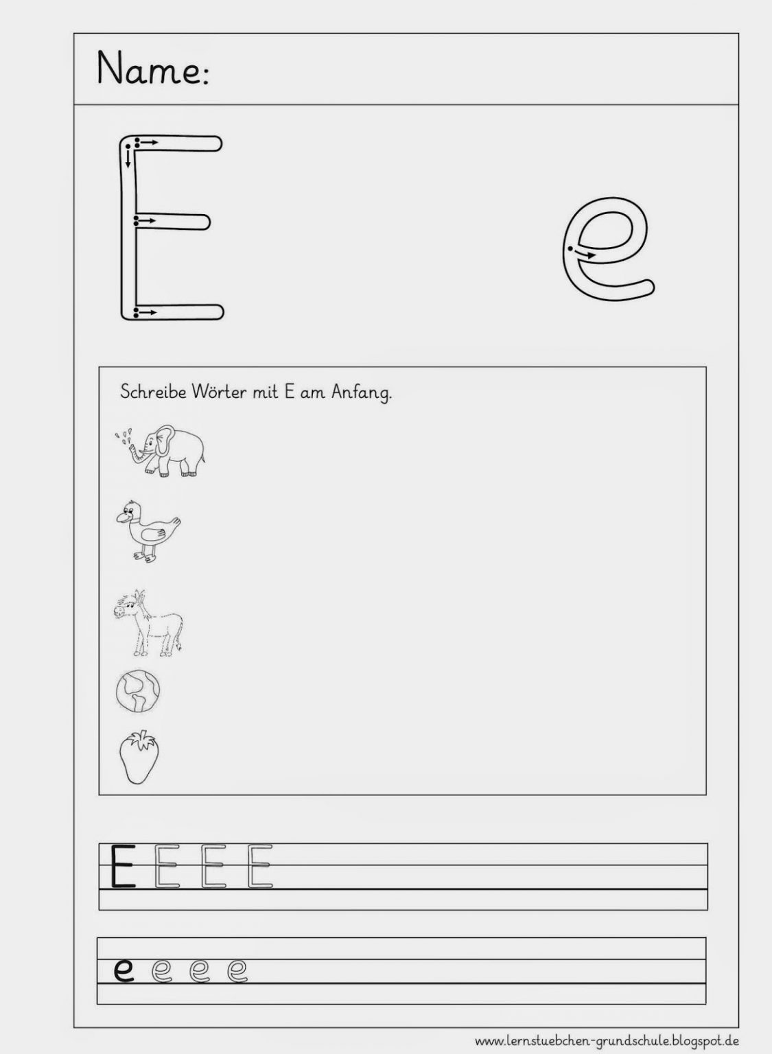 Lernstübchen: 9 Schreibblätter Zu E E ganzes Wörter Mit Zu Am Anfang