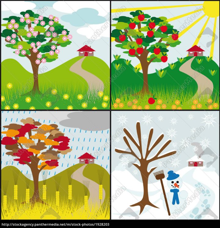 Lizenzfreies Bild 1928203 - Vier Jahreszeiten Baum Auf Einem Hügel Mit  Einem Haus verwandt mit 4 Jahreszeiten Baum