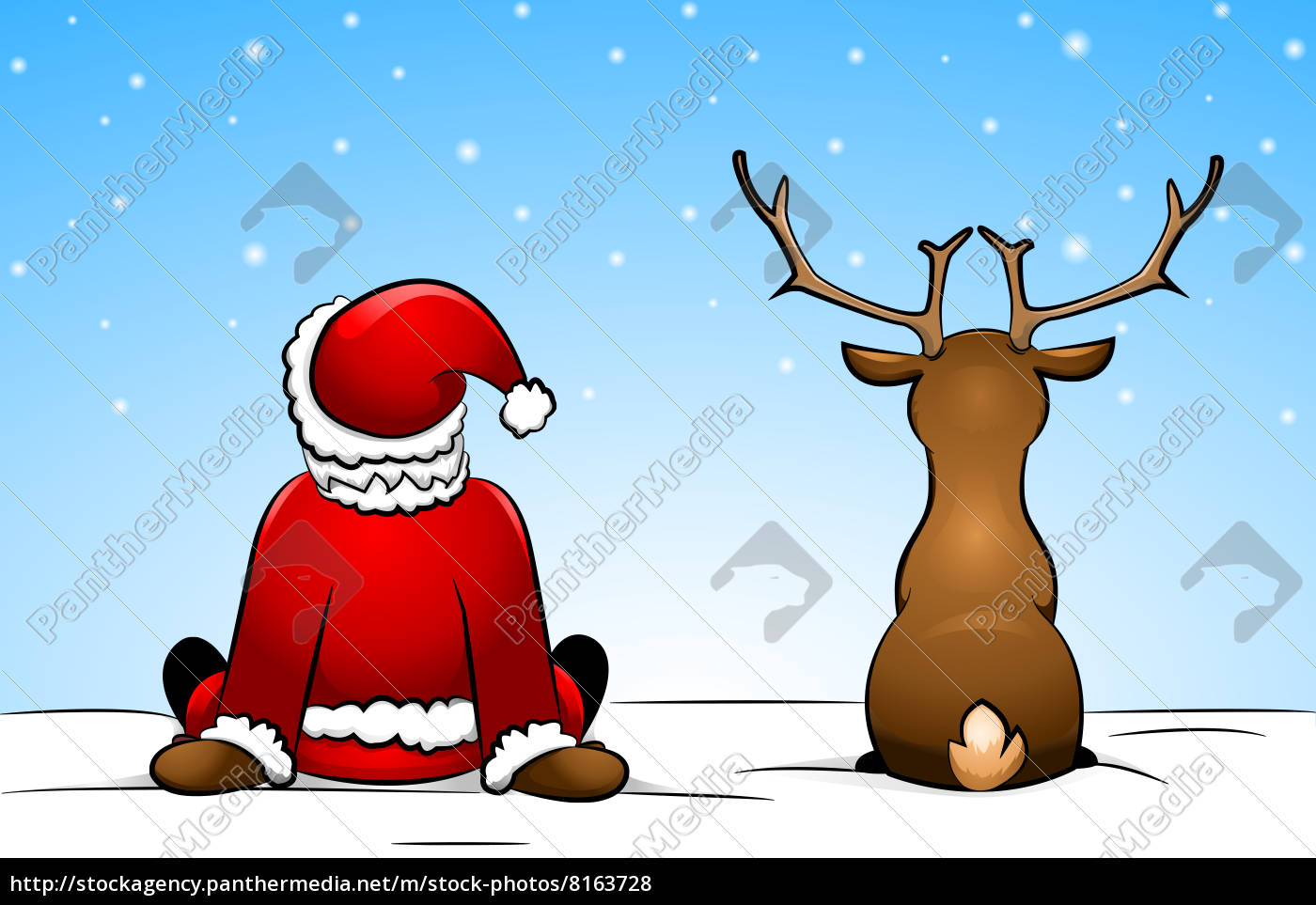 Lizenzfreies Foto 8163728 - Weihnachtsmann Und Rentier Im Schnee Sitzend bestimmt für Bilder Weihnachtsmann Mit Rentieren