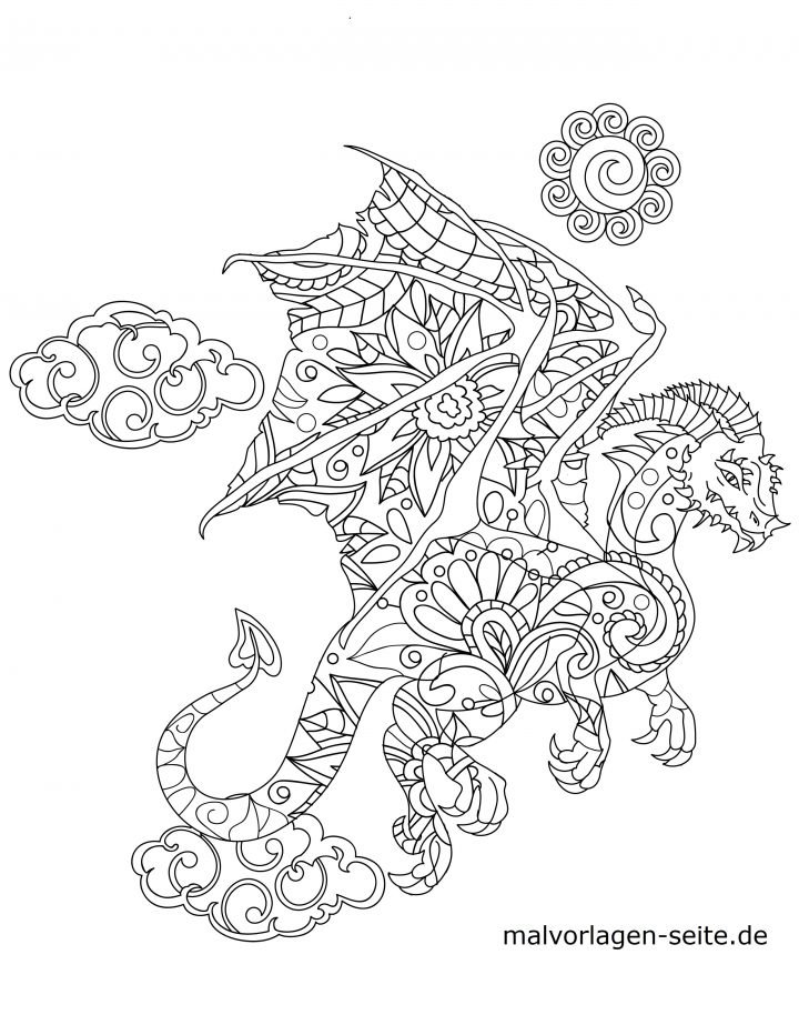 Malvorlage Tiermandala Drache | Tiere Mandala - Ausmalbilder ganzes Mandala Drachen