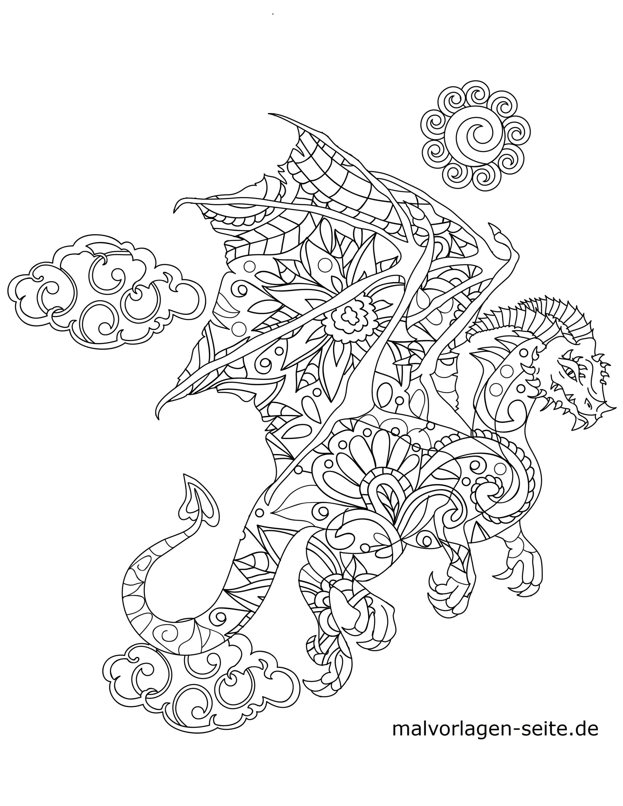 Malvorlage Tiermandala Drache | Tiere Mandala - Ausmalbilder ganzes Mandala Drachen
