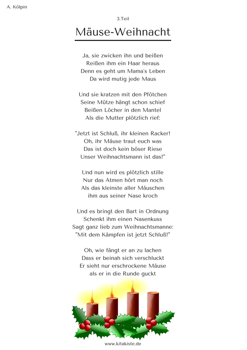 Mäuse-Weihnacht&quot; - Weihnachtsgeschichte In 24 Strophen bei Kurzes Weihnachtsgedicht Kindergarten