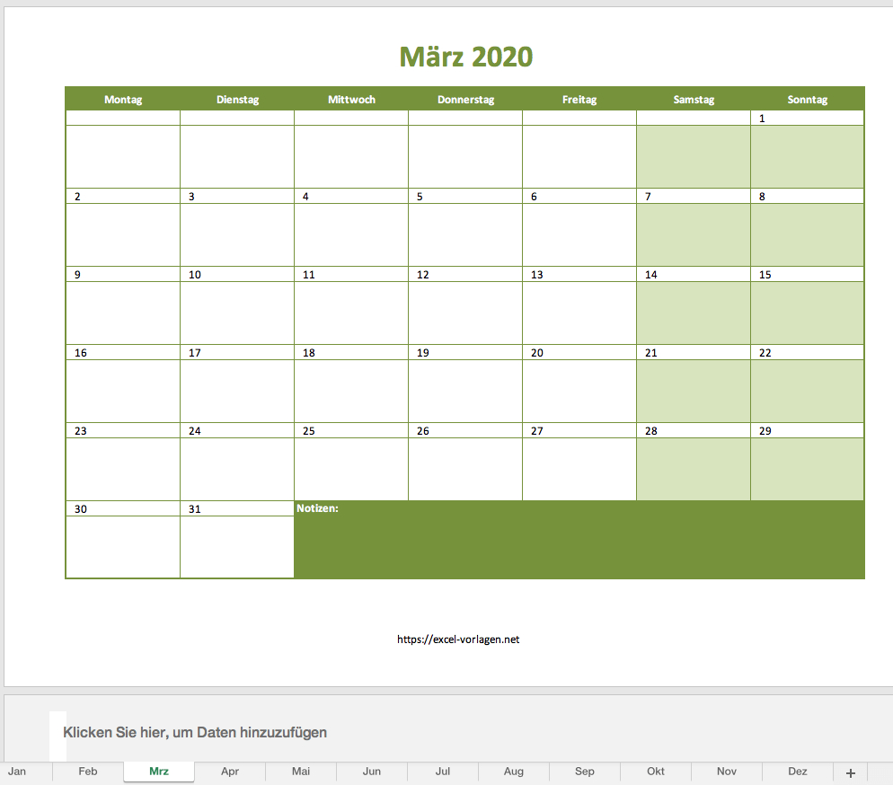 Monatskalender 2020 Als Excelvorlage bestimmt für Monatskalender Vorlage