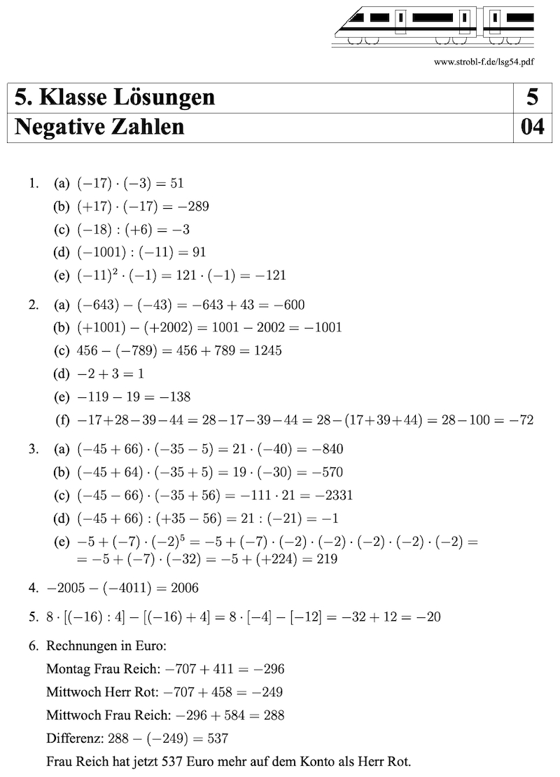 Negative Zahlen Übungen Und Aufgaben Mit Lösungen | Pdf Download für Mathe Arbeitsblätter 5 Klasse Gymnasium