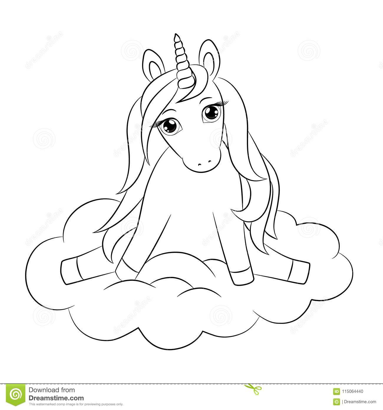 Nettes Einhornbaby, Sitzend Auf Wolke, Entwurfszeichnung über Einhornbaby