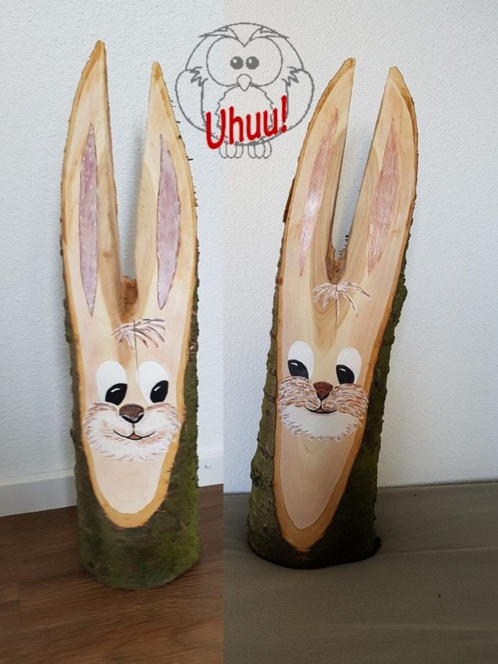 Osterhase, Hase Aus Rund-Holz, Gesicht Handgemalt, Malen Auf ganzes Osterhasen Gesicht