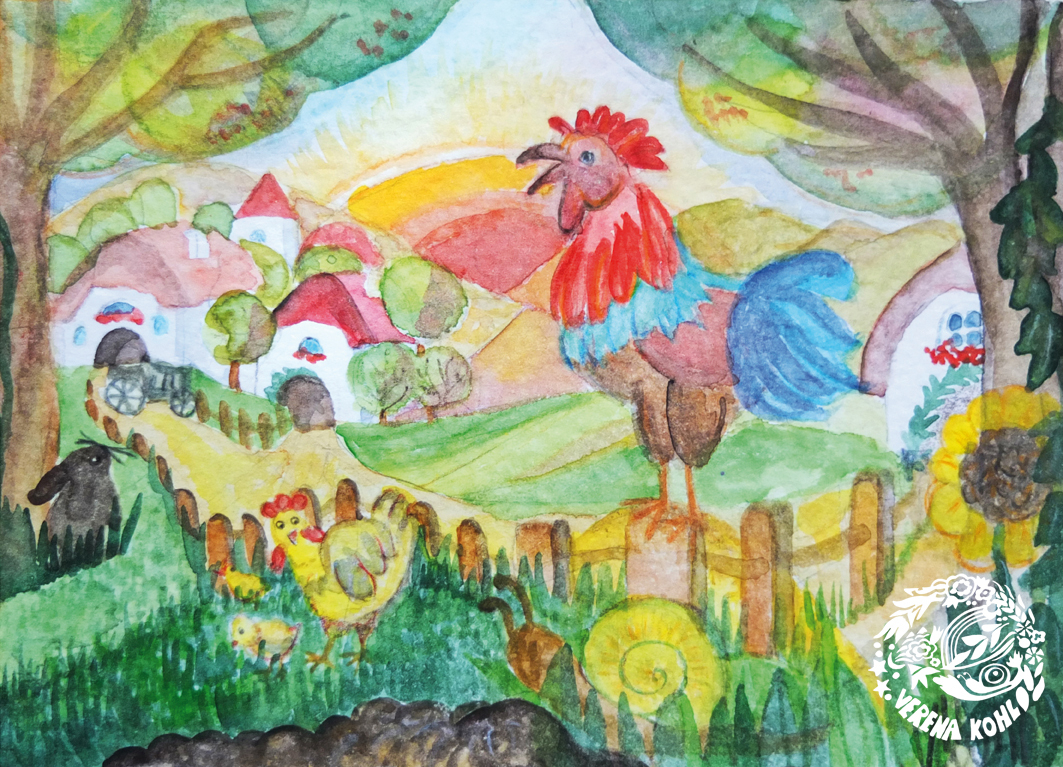 Postkarte Frühling - Früh Am Morgen Kräht Der Hahn über Kräht Der Hahn Früh Am Morgen Geburtstagslied