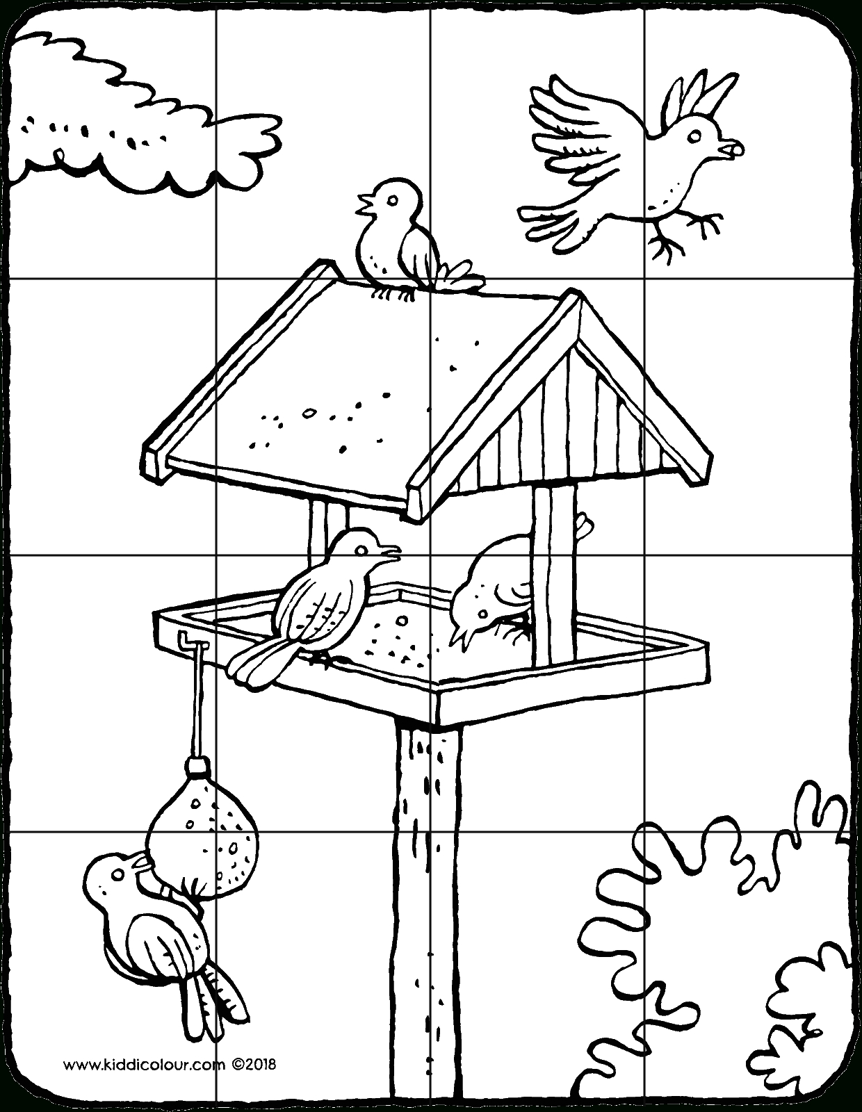 Puzzle 16 Teile - Ein Vogelhaus Mit Vögeln - Kiddimalseite innen Puzzle Zum Ausdrucken