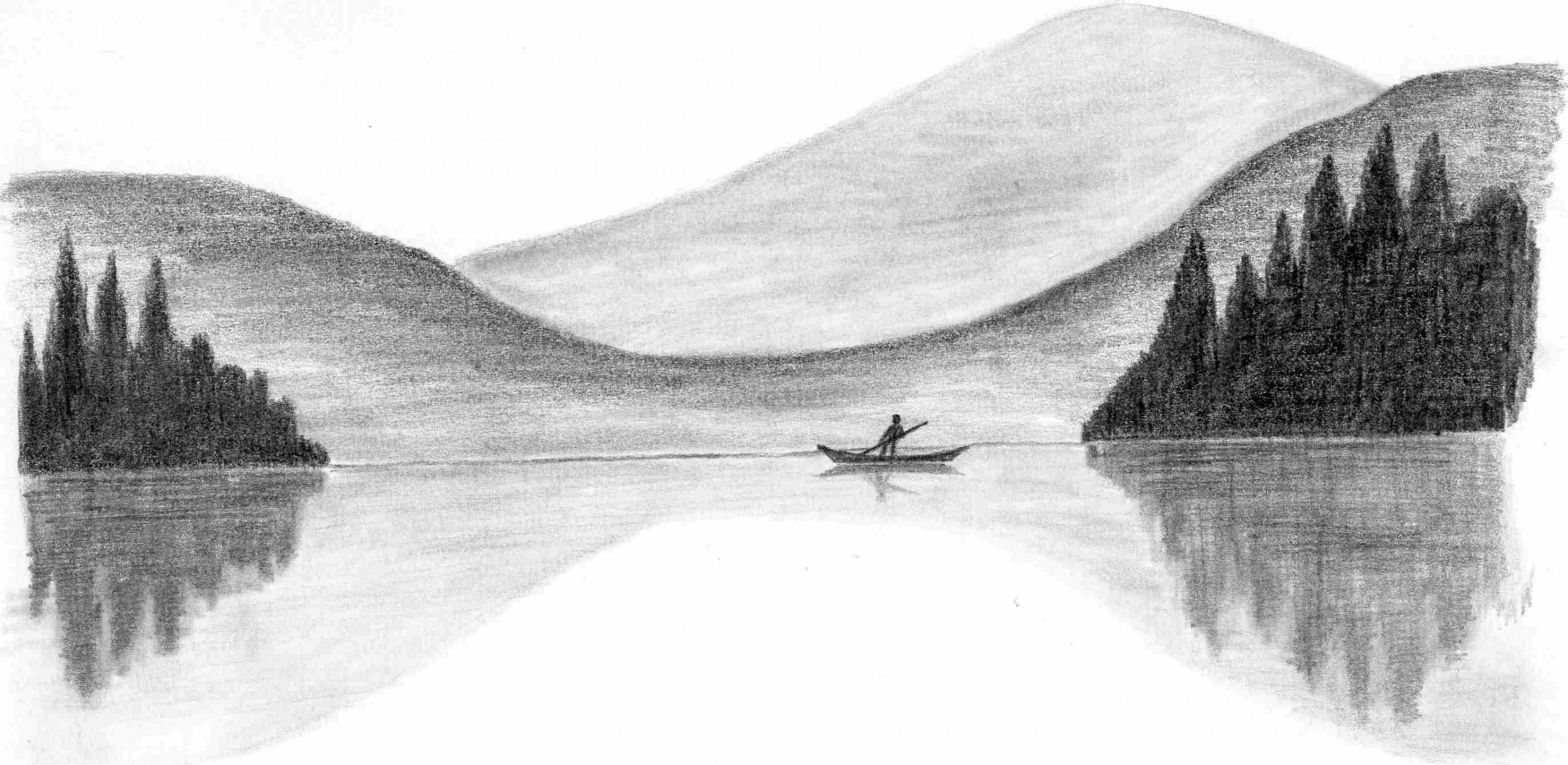 Ruhiger See | Landschaft Zeichnen, Bleistiftzeichnung, Meer ganzes Einfache Landschaften Zeichnen
