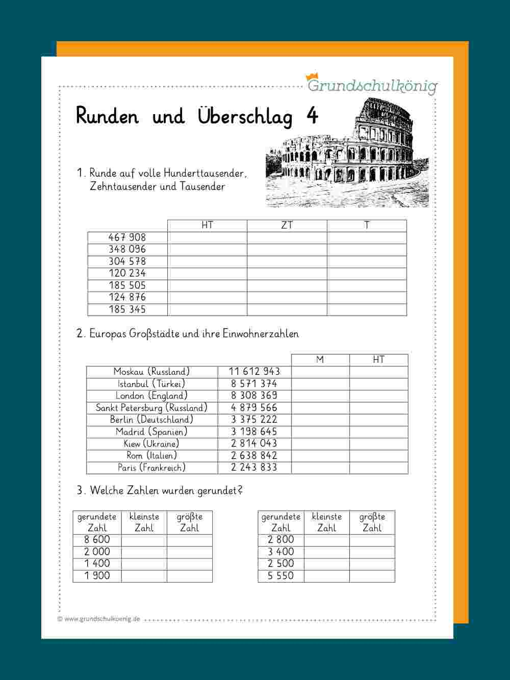 Runden Und Überschlag: Gemischte Aufgaben bei Mathematik Klasse 4 Arbeitsblätter