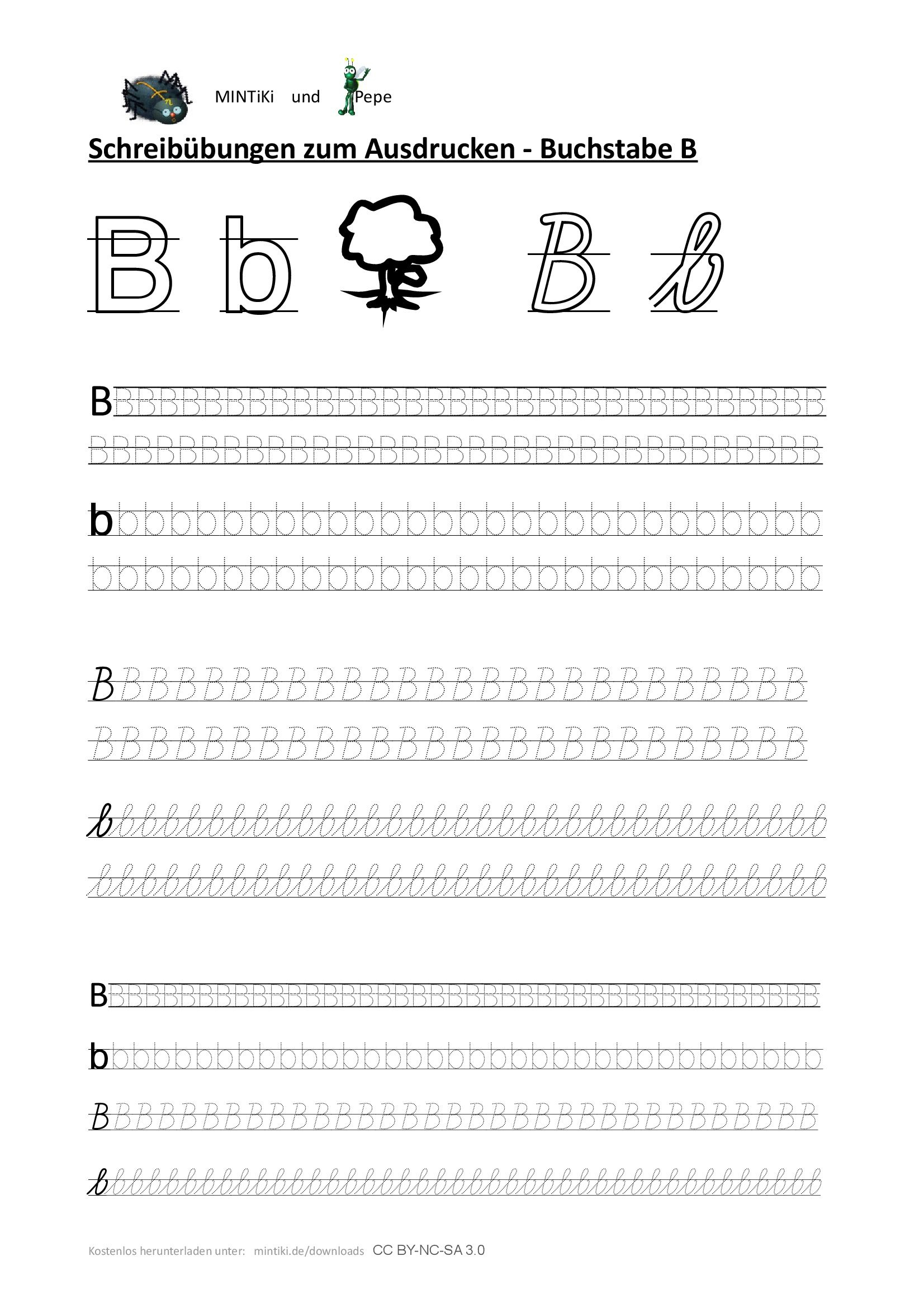 Schreibübung, Buchstabe B, Druckbuchstaben verwandt mit Alphabet Schreibschrift Grundschule