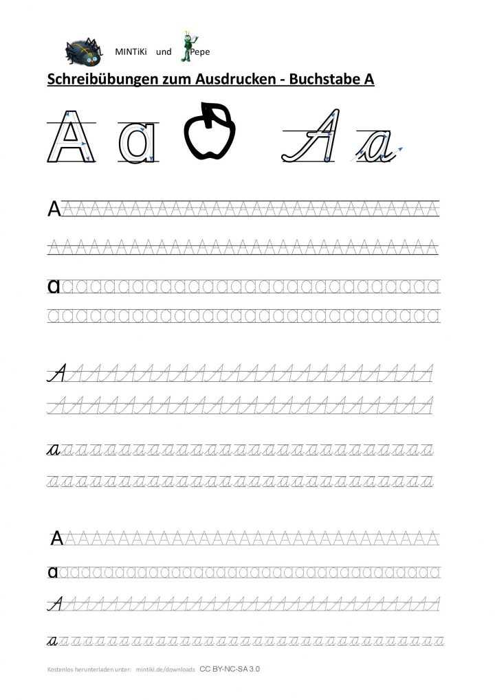 Schreibübung Vorlage Buchstabe A, Ganzes Alphabet innen Druckschrift Arbeitsblätter Kostenlos