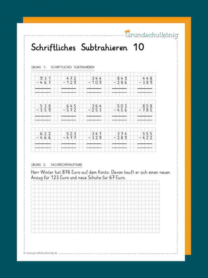 Schriftliche Subtraktion innen Mathematik Übungen 3 Klasse Grundschule Kostenlos