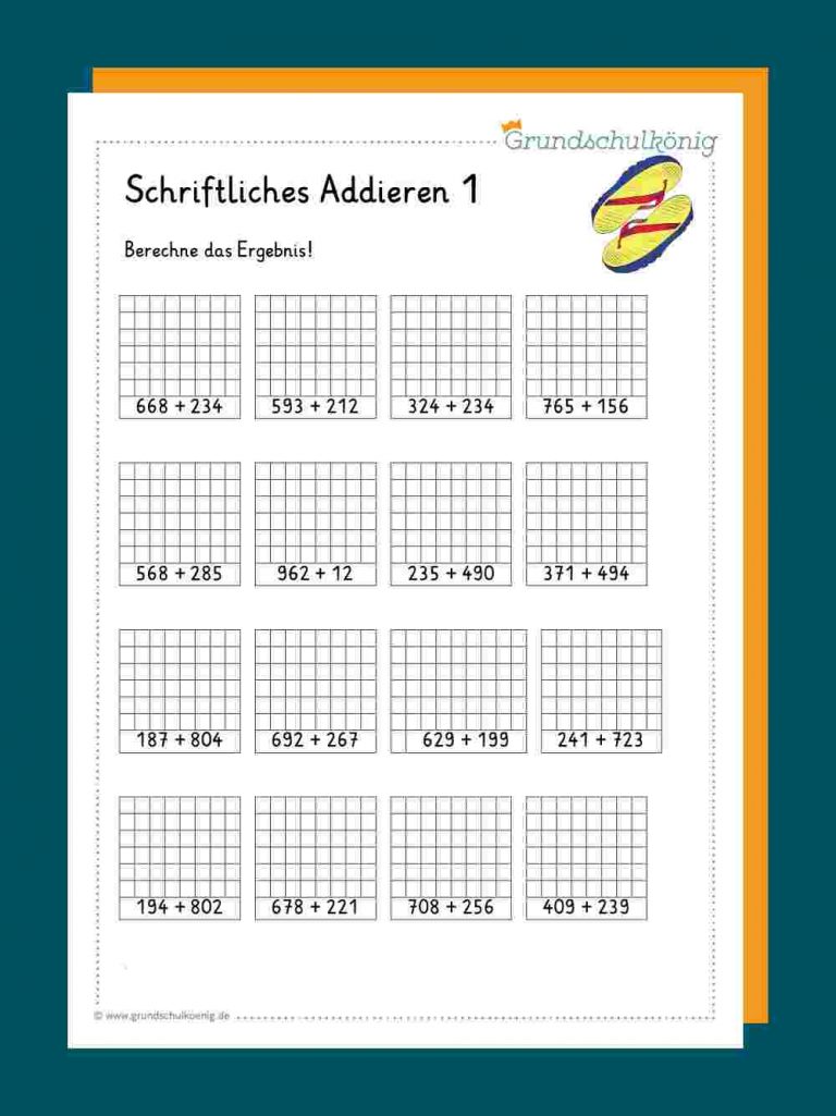 Schriftliches Addieren In Mathe Arbeitsblätter Klasse 3 Zum Ausdrucken ...