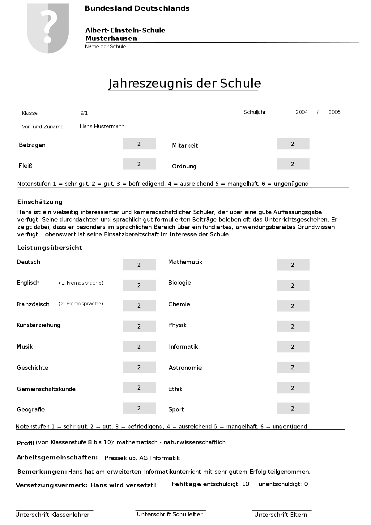 Schulzeugnis – Wikipedia verwandt mit Notenschlüssel Grundschule Niedersachsen