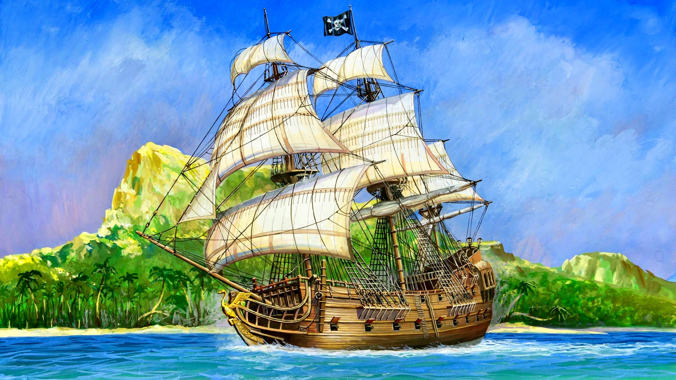 Segelschiff, Pirat, Meer, Insel, Kunstbild 2560X1600 Hd innen Segelschiff Pirat
