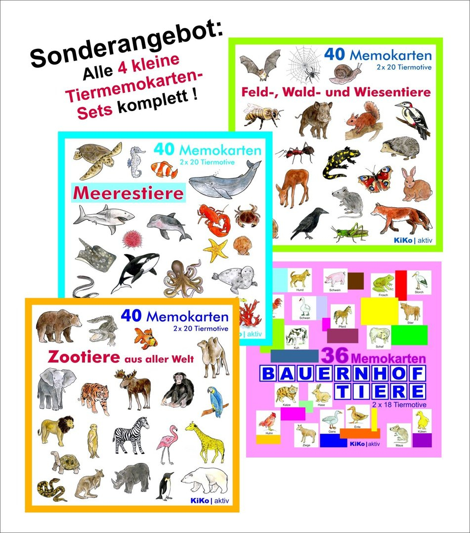 Sonderangebot: Alle 4 Kleine (40Er/36Er) Tiermemokarten-Sets Komplett verwandt mit Memokarten