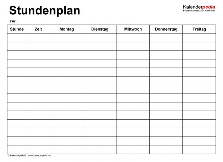 Stundenplan-Vorlagen Pdf Zum Download &amp; Ausdrucken (Kostenlos) für Stundenplan Zum Ausfüllen Und Ausdrucken Kostenlos