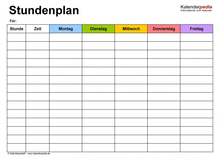 Stundenplan-Vorlagen Pdf Zum Download &amp; Ausdrucken (Kostenlos) verwandt mit Stundenplan Ausfüllen Und Ausdrucken