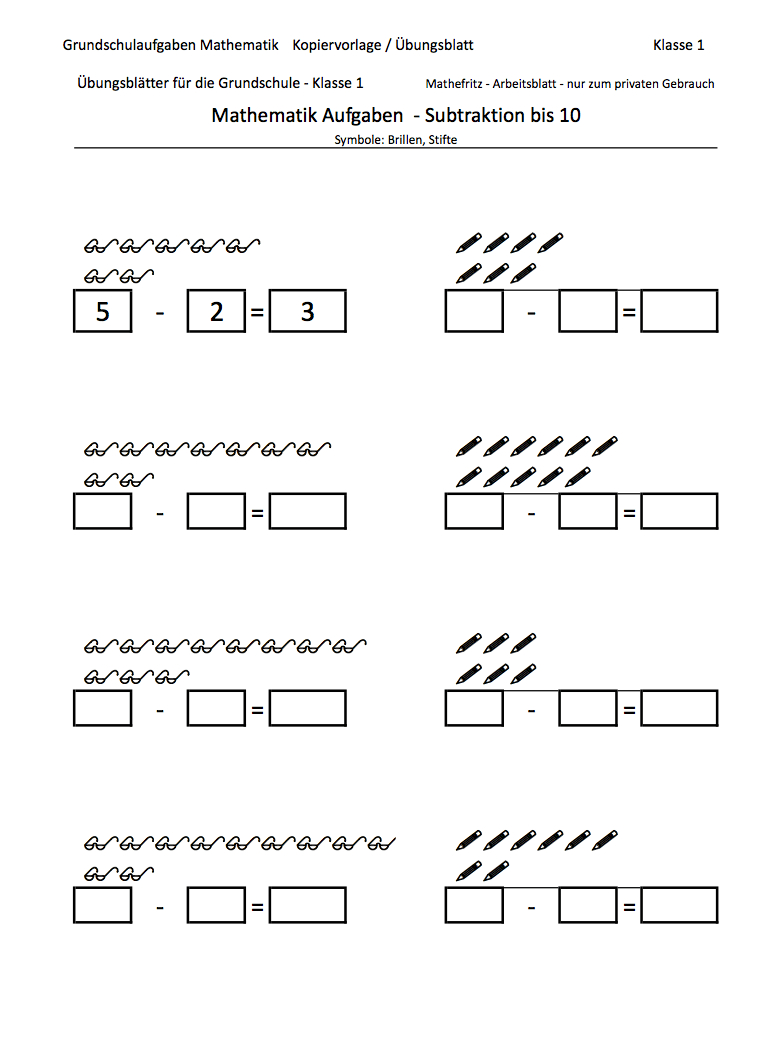 Subtraktion Bis 10 Mit Symbolen | Matheaufgaben Klasse 1 ganzes Übungsblätter 1 Klasse