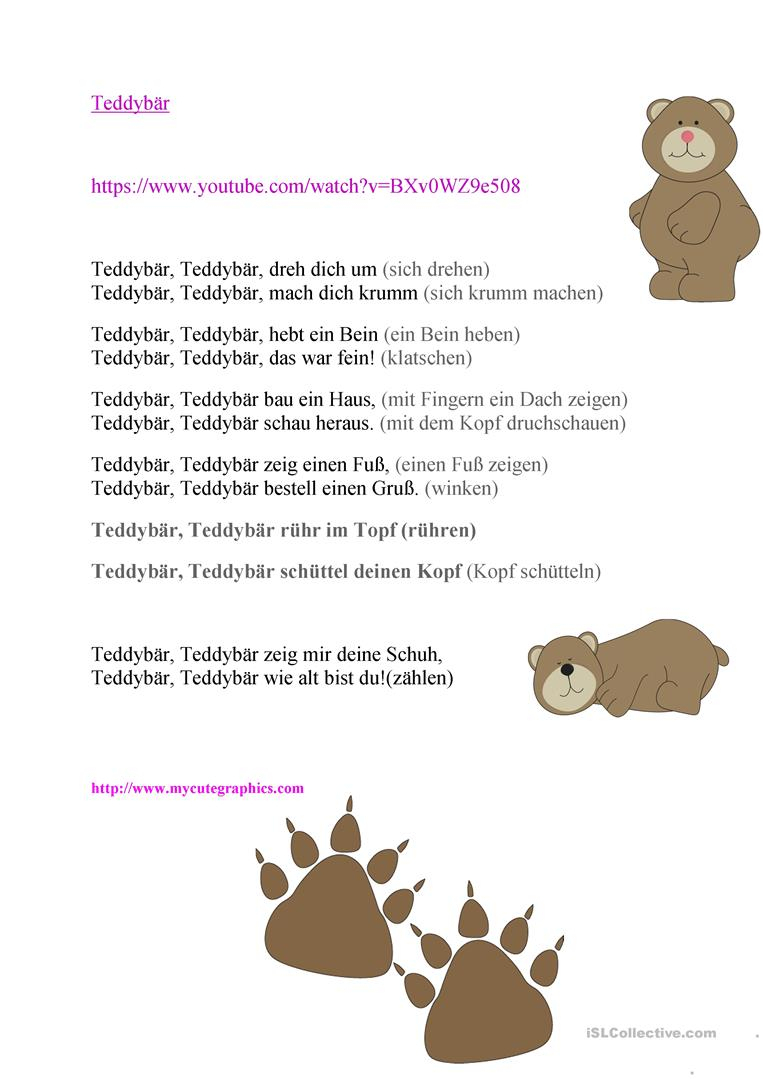 Teddybär - Deutsch Daf Arbeitsblatter über Teddybär Teddybär Dreh Dich Um Text