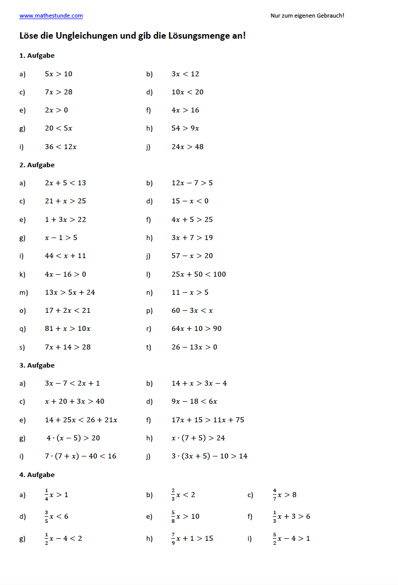 Ungleichungen Lösen | Arbeitsblatt Klasse 5 Zum Ausdrucken bei Mathe Arbeitsblätter 5 Klasse Gymnasium