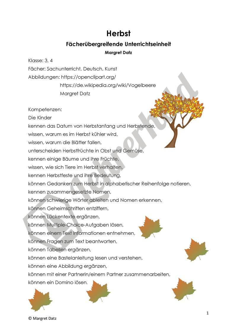 Unterrichtseinheit Zum Thema Herbst (Mit Bildern bestimmt für Arbeitsblätter Herbst Grundschule