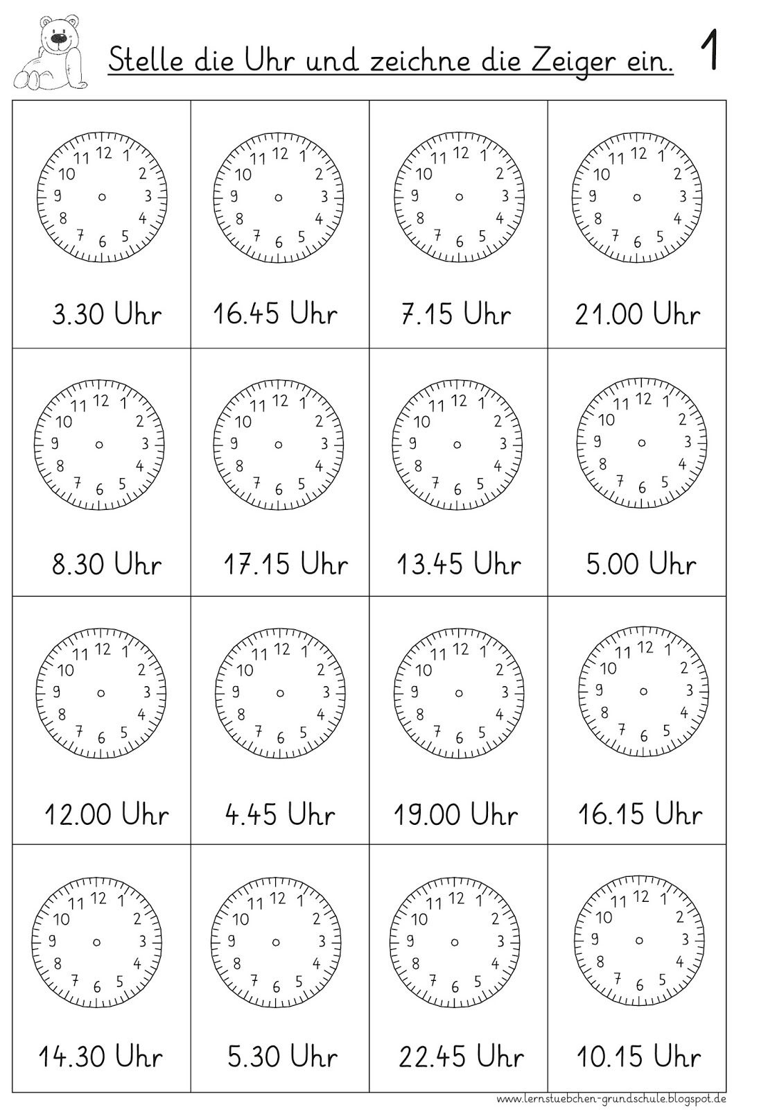 Vorgegebene Uhrzeiten Einstellen (6) | Uhrzeit Lernen für Uhr Grundschule Arbeitsblätter