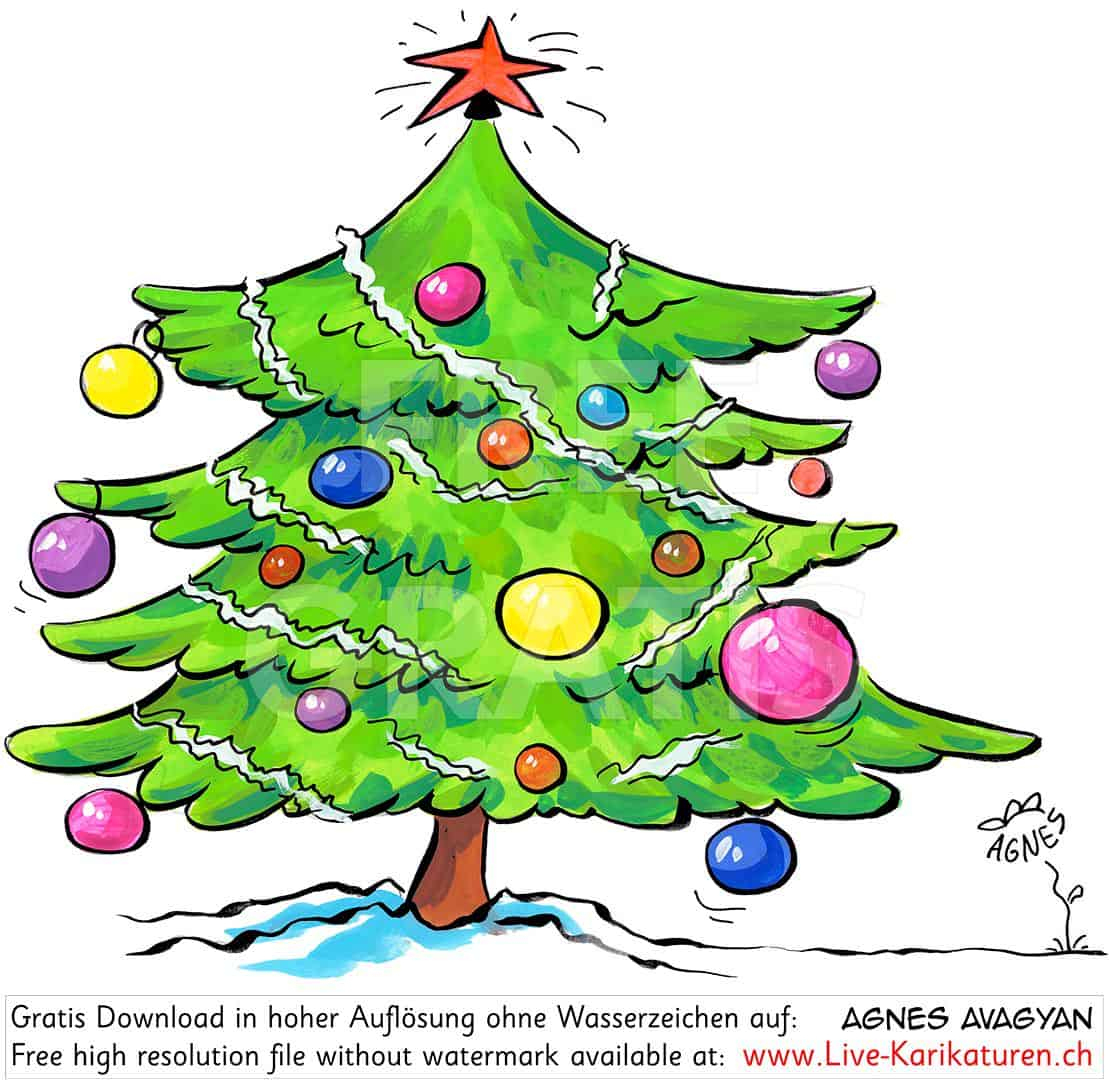 Weihnachten Tannenbaum Christbaumkugeln Stern Lametta Schnee ganzes Tannenbaum Zeichnung