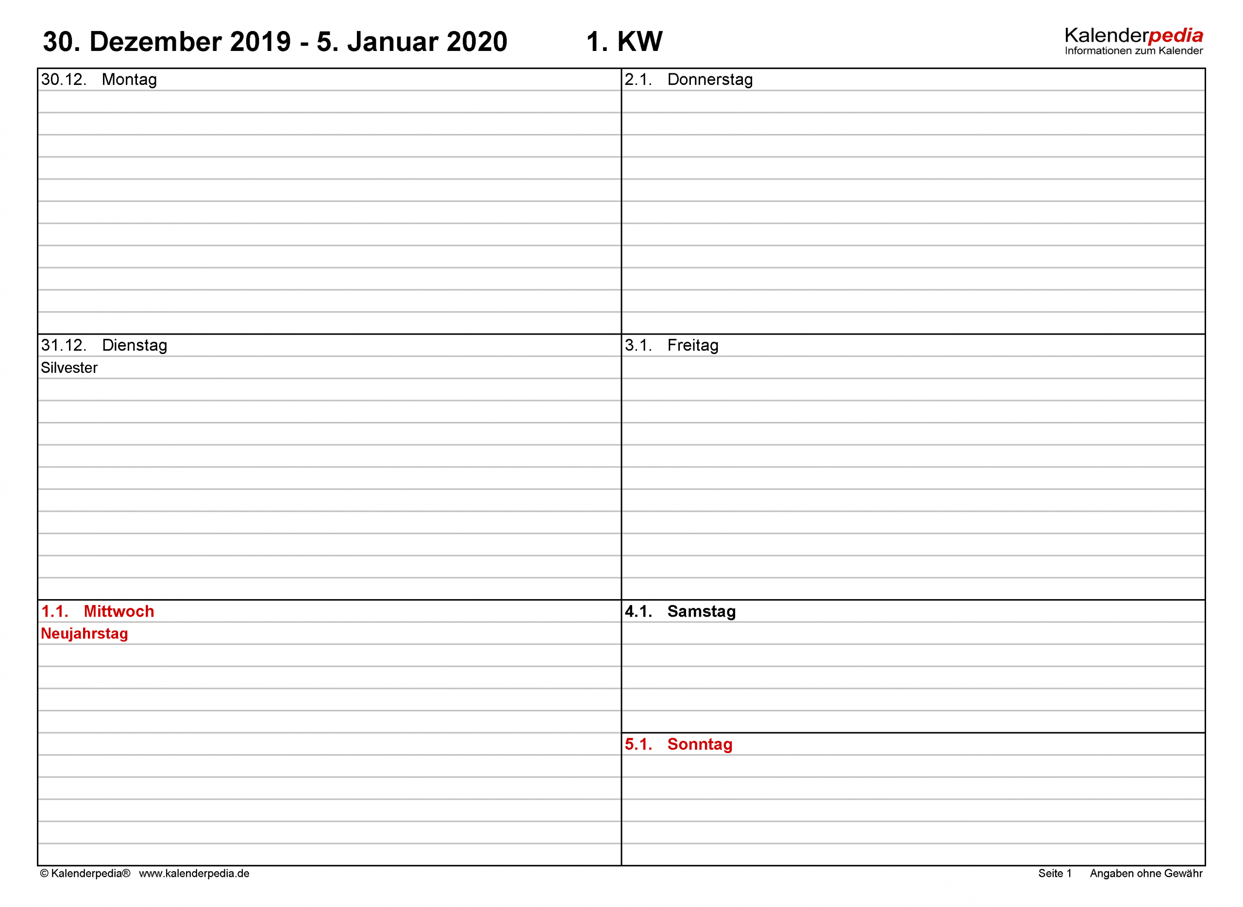 Wochenkalender 2020 Als Pdf-Vorlagen Zum Ausdrucken bestimmt für Tageskalender Zum Ausdrucken