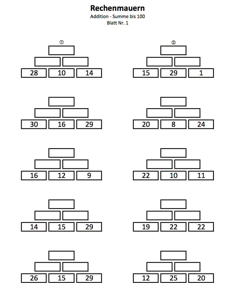 Zahlenmauern 2 Klasse Bis 100 |Mathefritz Arbeitsblätter bestimmt für Übungsblätter Mathe