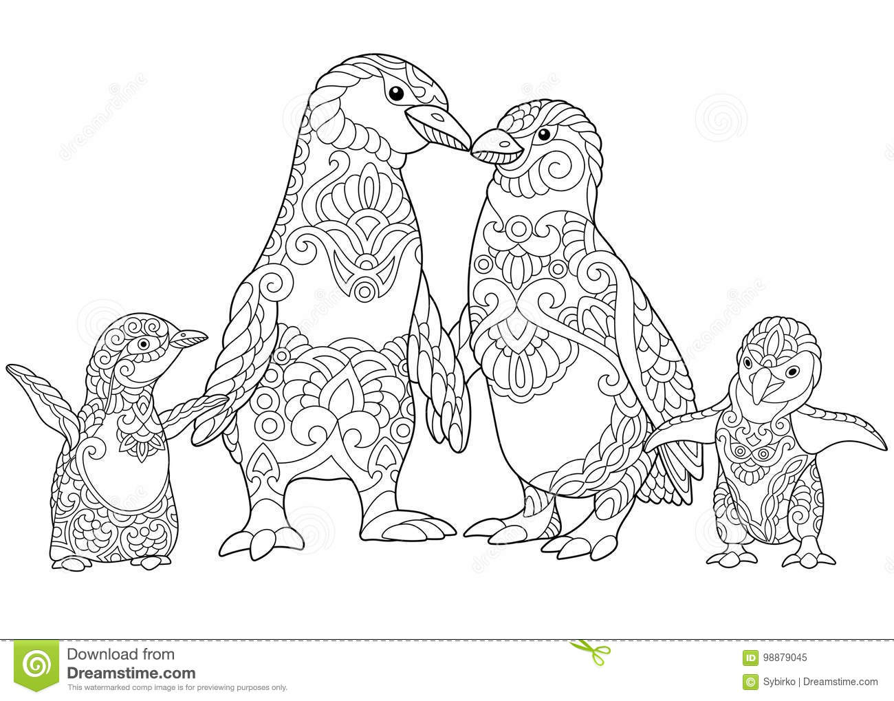 Zentangle Stilisierte Pinguinfamilie Vektor Abbildung mit Pinguin Mandala