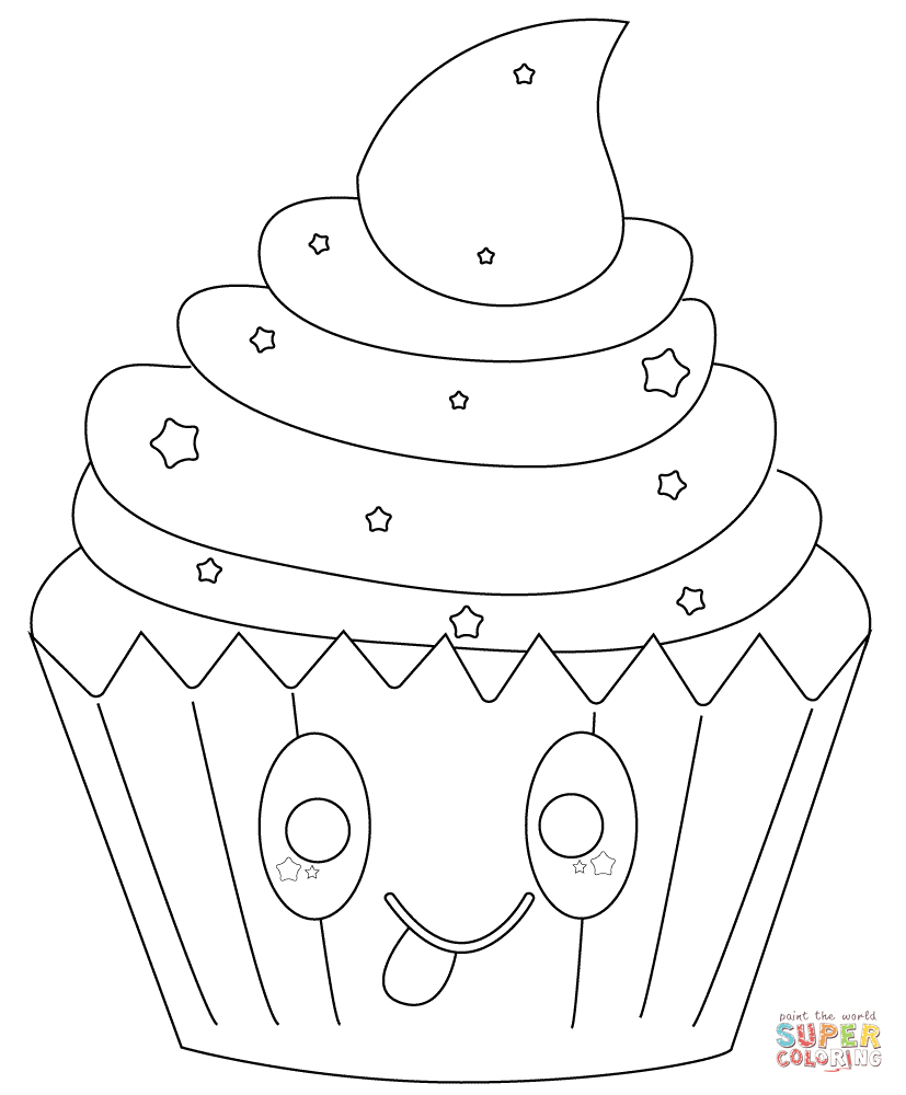 Coloriage - Cupcake Avec Les Étoiles Kawaii | Coloriages À bei Cupcake Bilder Zum Ausdrucken