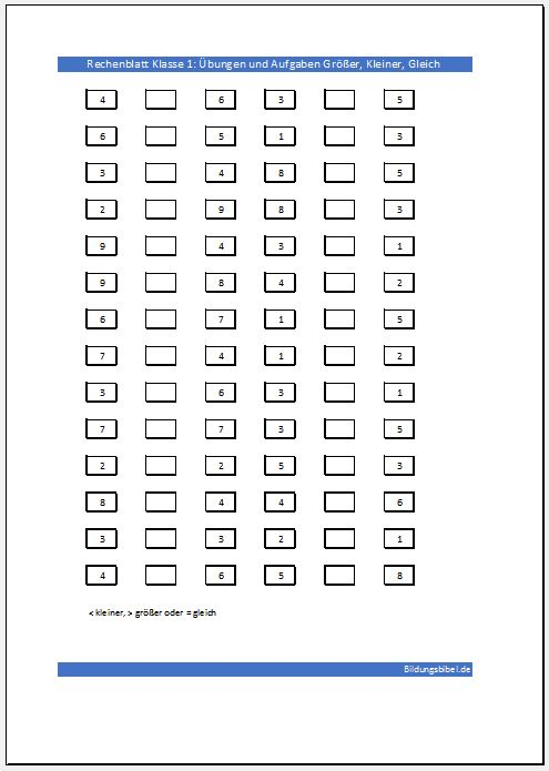 Größer, Kleiner Und Gleich Übungen, Aufgaben Für Klasse 1 verwandt mit Arbeitsblätter Mathe 1 Klasse
