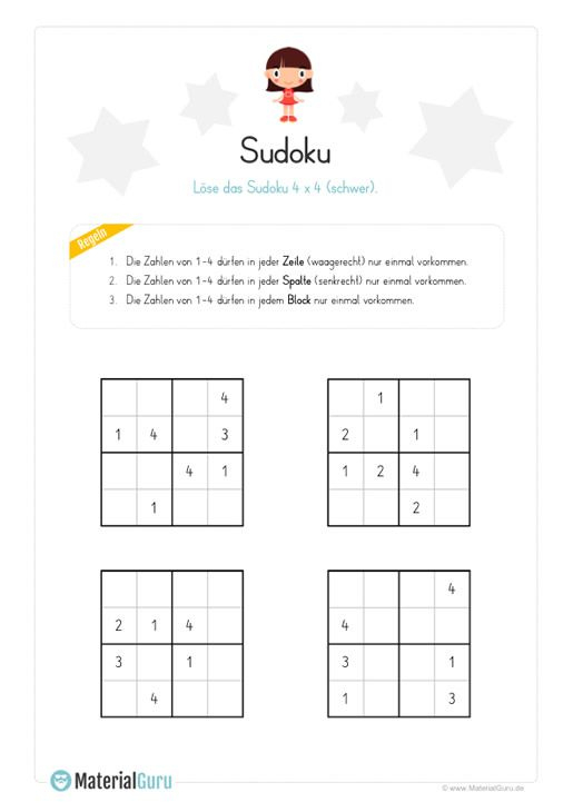 Kostenloses Sudoku-Rätsel Für Kinder Im Raster 4X4 (Schwer mit Sudoku Kinder 6X6 Zum Ausdrucken