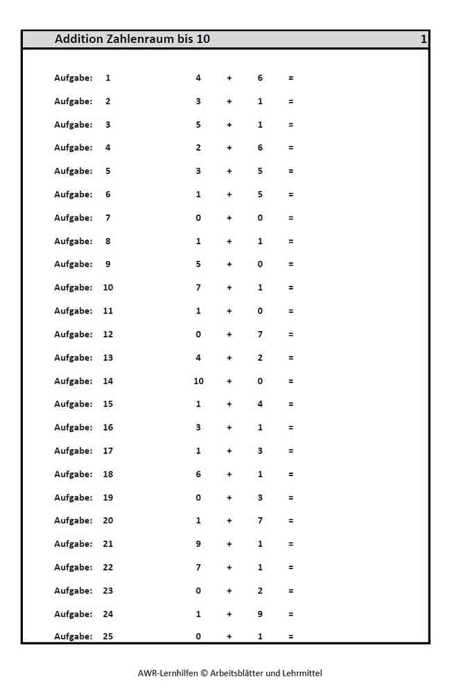 Mathematik-Arbeitsblätter Addition Im Zahlenraum Bis 10 1 über Mathe Arbeitsblätter 1 Klasse