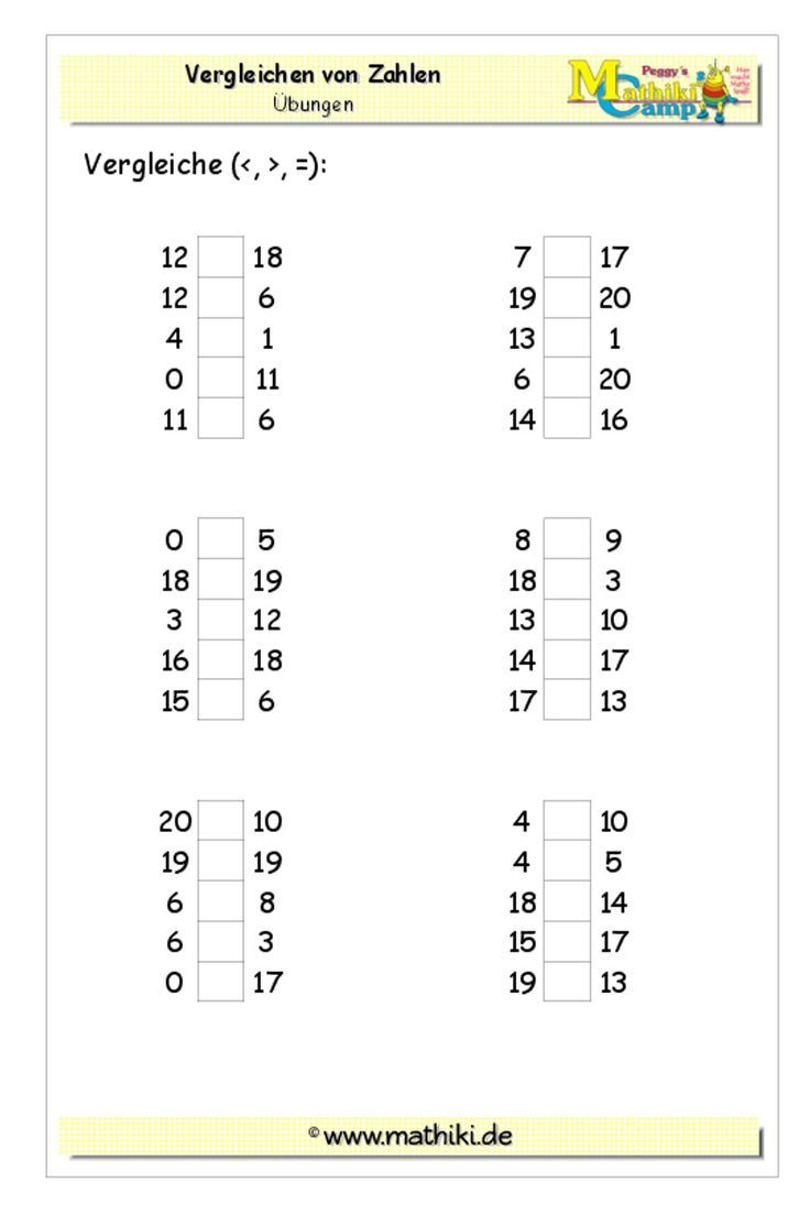 Zahlen Vergleichen Bis 20 (Klasse 1) - Kostenloses innen Erstes Rechnen Arbeitsblätter