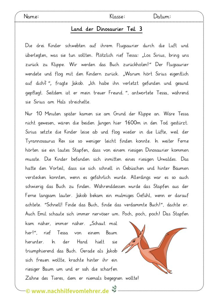 Arbeitsblatt Lesen | Dinosaurier-Geschichte | Deutsch mit Fragen Zum Text 3. Klasse