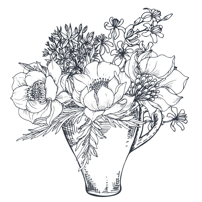 Blumenstrauß Mit Hand Gezeichneten Blumen Und Anlagen In über Ausmalbild Blumenstrauss