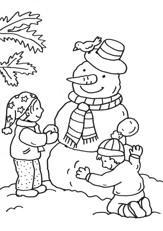 Coloriage D'Hiver : Enfants Fabriquant Bonhomme De Neige in Winterbilder Zum Ausmalen