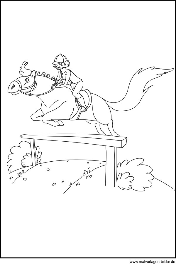 Hindernis Springen Mit Einem Pferd - Ausmalbild mit Bild Pferd Zum Ausmalen
