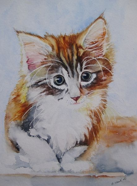 Original Aquarell &quot;Kleines Kätzchen&quot; (2015) | Katzen mit Kätzchen Zeichnen