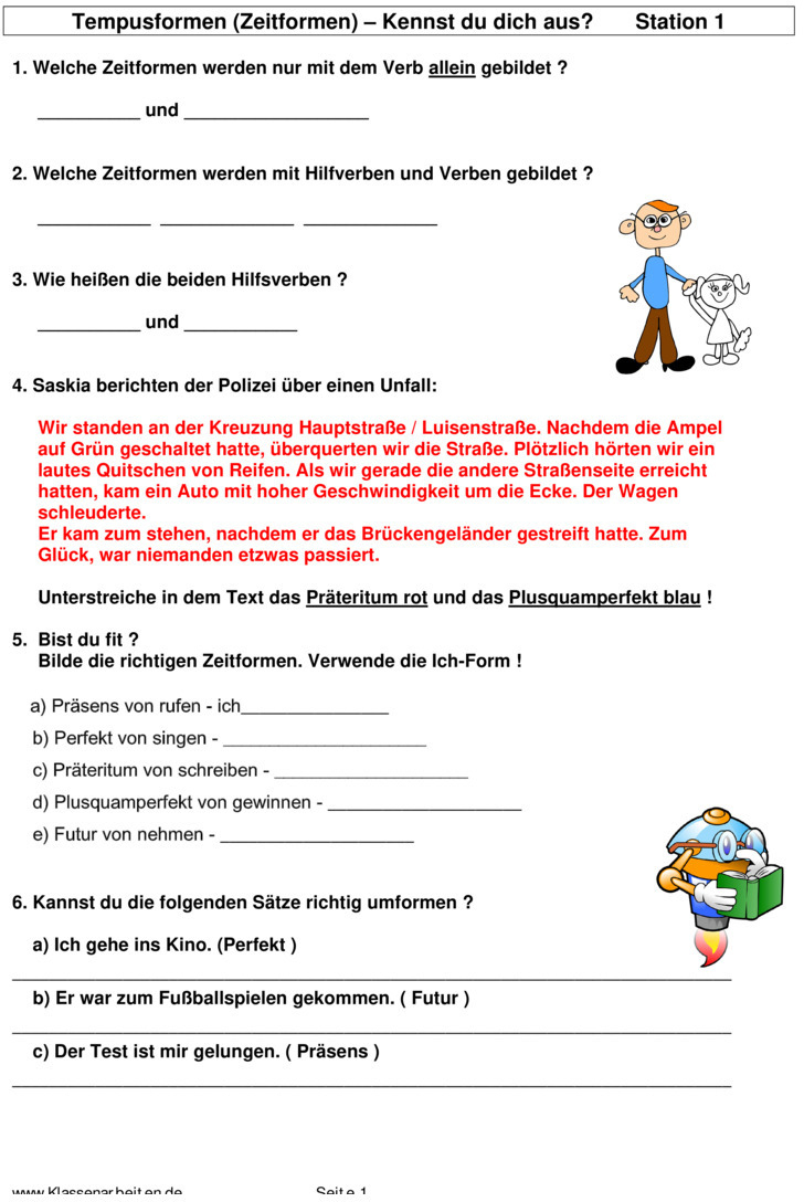 Übungsblatt Zu Zeitformen mit Deutsch 4 Klasse Zeitformen