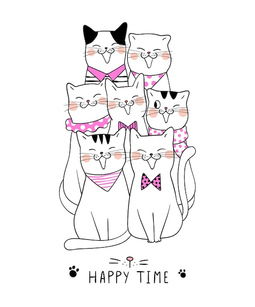 Zeichnen Sie Süße Katze Und Wort Glückliche Zeit Doodle in Süße Katze Zeichnen
