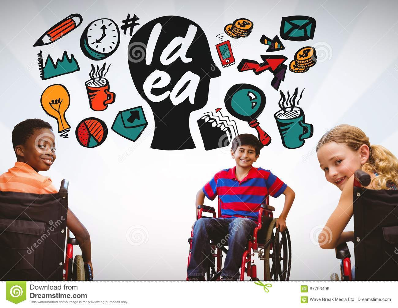 Behinderte Kinder Im Rollstuhl Mit Bunten Ideengraphiken über Kinder Im Rollstuhl Bilder