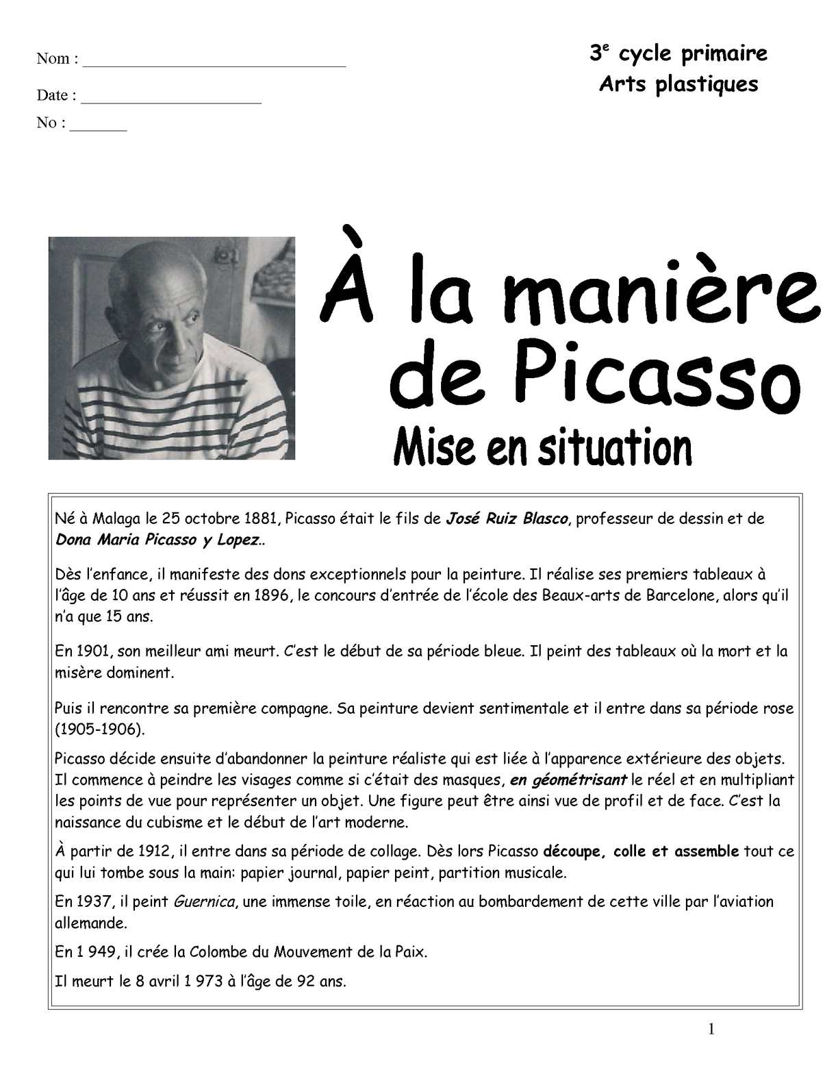 Calaméo - 01-À La Manière De Picasso (Sp1-Mise En Situation) bei Coloriage À La Manière De